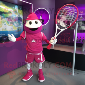 Magenta Tennis Racket mascot costume character dressed with a Long Sleeve Tee and Hat pins