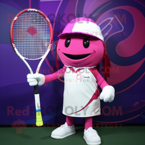Magenta Tennis Racket mascot costume character dressed with a Long Sleeve Tee and Hat pins