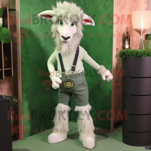 Olive Angora Goat mascot costume character dressed with a Skinny Jeans and Tie pins