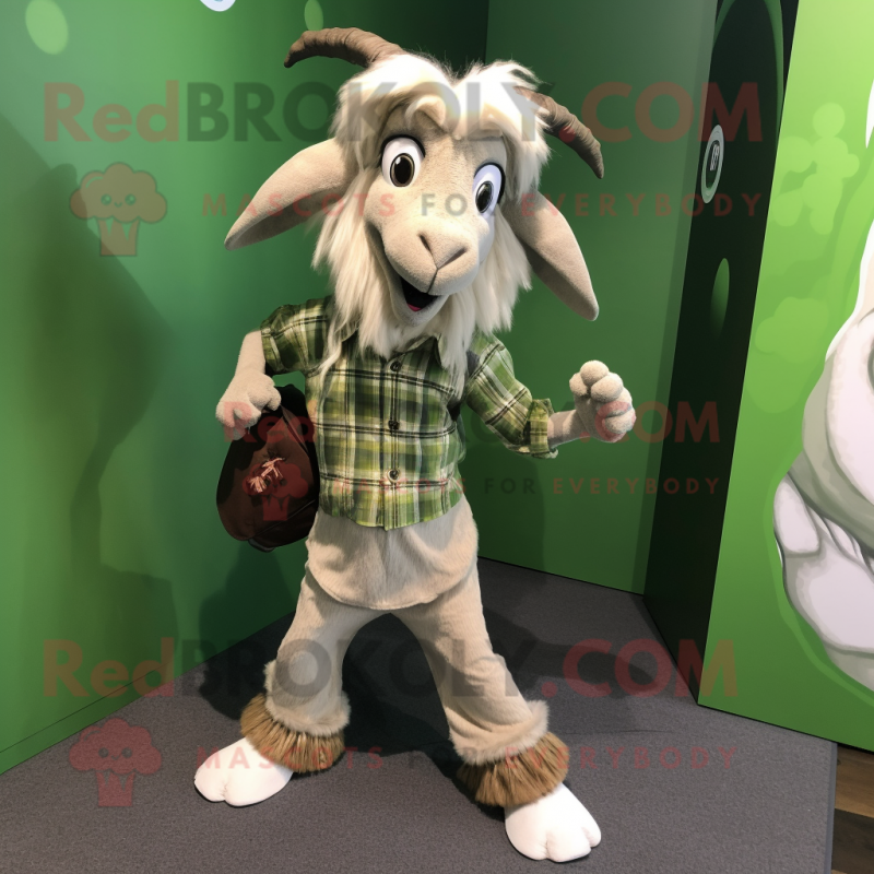 Olive Angora Goat mascot costume character dressed with a Skinny Jeans and Tie pins