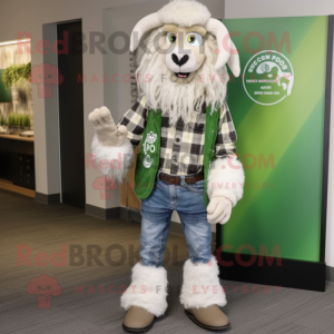 Olive Angora Goat mascot costume character dressed with a Skinny Jeans and Tie pins