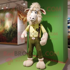 Olive Angora Goat mascot costume character dressed with a Skinny Jeans and Tie pins