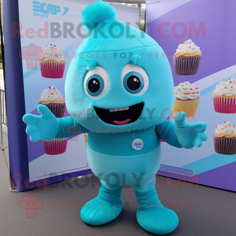 Turquoise Cupcake mascot costume character dressed with a Bikini and Beanies