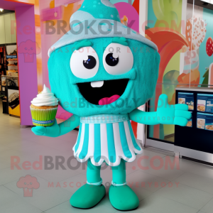 Turquoise Cupcake mascot costume character dressed with a Bikini and Beanies