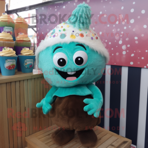 Turquoise Cupcake mascot costume character dressed with a Bikini and Beanies