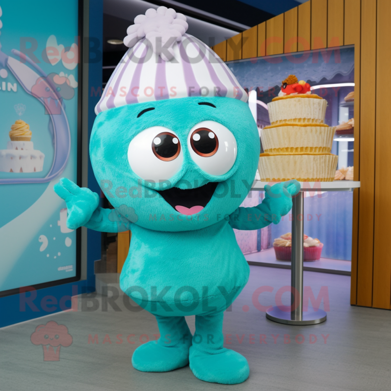 Turquoise Cupcake mascot costume character dressed with a Bikini and Beanies