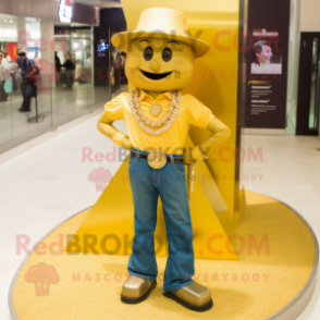 Gold Momentum mascot costume character dressed with a Bootcut Jeans and Necklaces