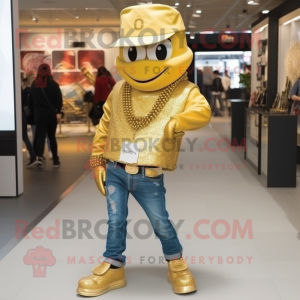 Gold Momentum mascot costume character dressed with a Bootcut Jeans and Necklaces