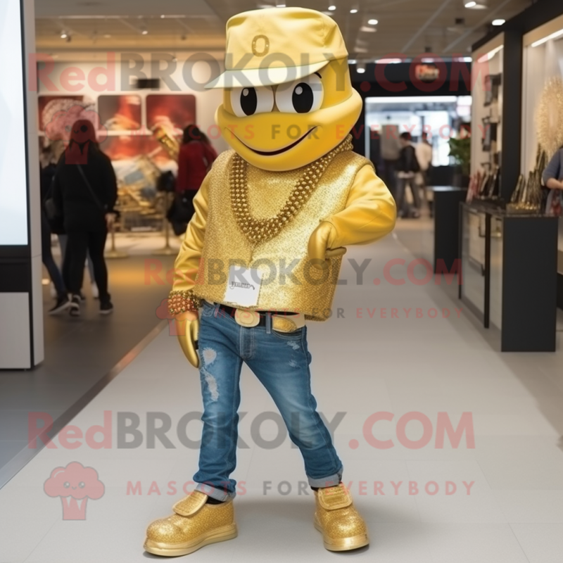 Gold Momentum mascot costume character dressed with a Bootcut Jeans and Necklaces Gold Momentum mascot costume character dressed with a Bootcut Jeans and Necklaces
