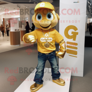 Gold Momentum mascot costume character dressed with a Bootcut Jeans and Necklaces