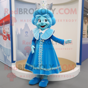 Sky Blue Queen mascot costume character dressed with a Waistcoat and Shoe laces