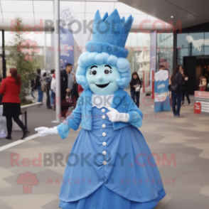 Sky Blue Queen mascot costume character dressed with a Waistcoat and Shoe laces