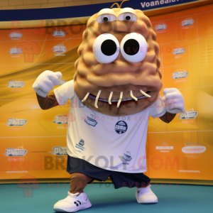 Tan Fried Calamari mascot costume character dressed with a Rugby Shirt and Shoe laces