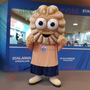 Tan Fried Calamari mascot costume character dressed with a Rugby Shirt and Shoe laces