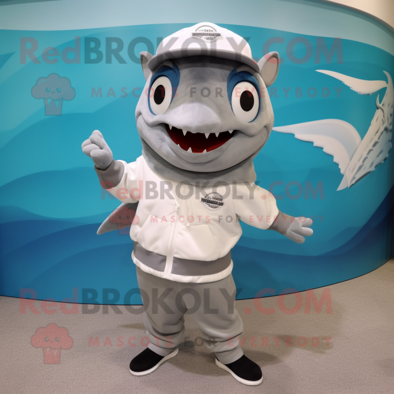 Gray Tuna mascot costume character dressed with a Sweatshirt and Cummerbunds