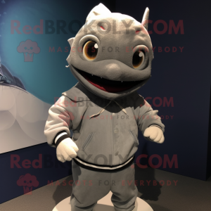 Gray Tuna mascot costume character dressed with a Sweatshirt and Cummerbunds