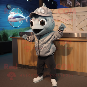 Gray Tuna mascot costume character dressed with a Sweatshirt and Cummerbunds