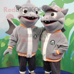 Gray Tuna mascot costume character dressed with a Sweatshirt and Cummerbunds