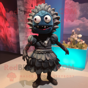 Black Trilobite mascot costume character dressed with a Dress and Bow ties