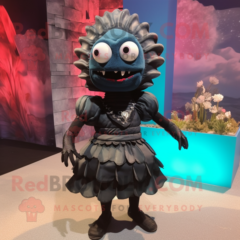 Black Trilobite mascot costume character dressed with a Dress and Bow ties Black Trilobite mascot costume character dressed with a Dress and Bow ties