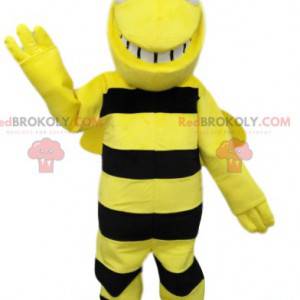 Mascotte d'abeille noir et jaune très souriante. Costume