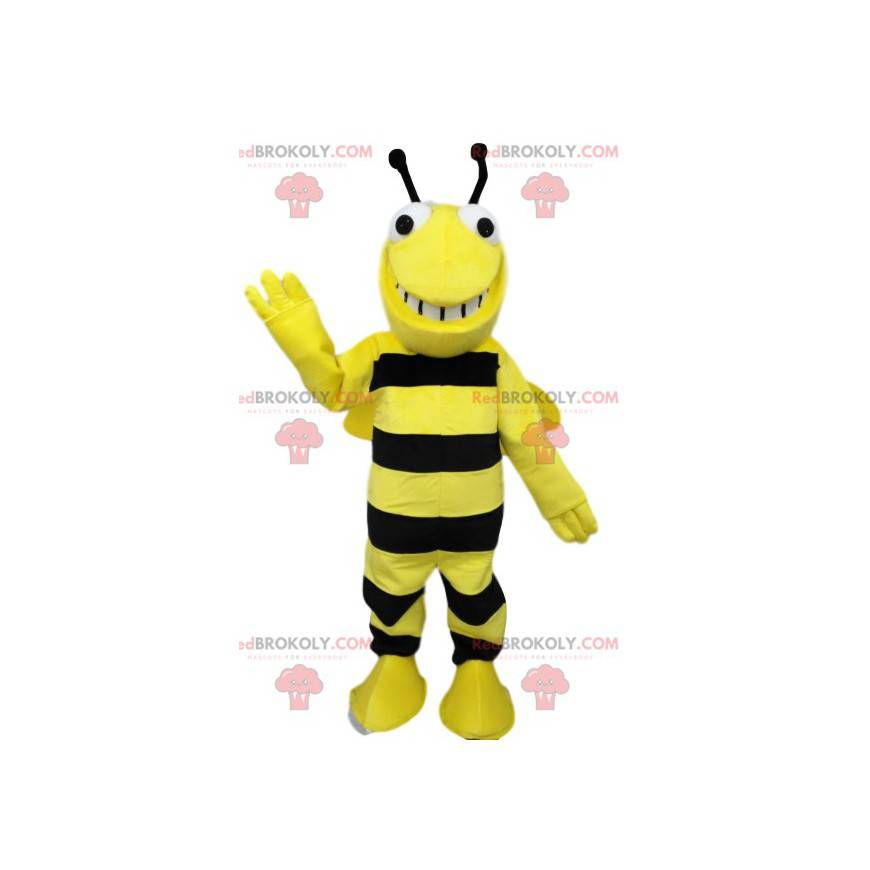 Mascota de abeja negra y amarilla muy sonriente. Disfraz de