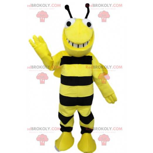 Mascota de abeja negra y amarilla muy sonriente. Disfraz de