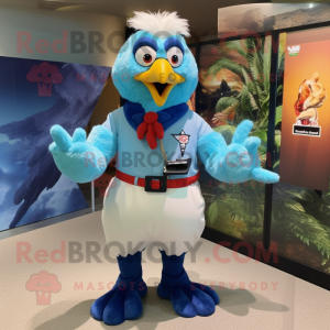 Sky Blue Roosters mascot costume character dressed with a Rash Guard and Suspenders