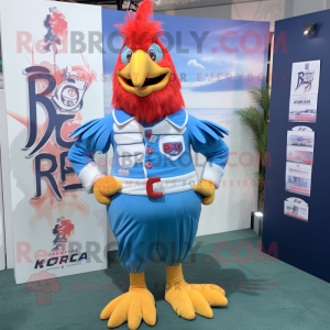 Sky Blue Roosters mascot costume character dressed with a Rash Guard and Suspenders