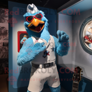 Sky Blue Roosters mascot costume character dressed with a Rash Guard and Suspenders