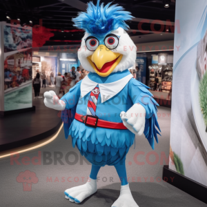 Sky Blue Roosters mascot costume character dressed with a Rash Guard and Suspenders