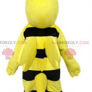 Mascotte d'abeille noir et jaune très souriante. Costume