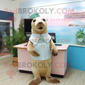 Beige Sea Lion mascot costume character dressed with a Blouse and Earrings