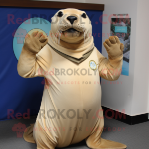 Beige Sea Lion mascot costume character dressed with a Blouse and Earrings