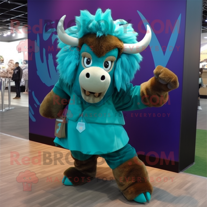 Teal Bison mascot costume character dressed with a Shorts and Hair clips Teal Bison mascot costume character dressed with a Shorts and Hair clips