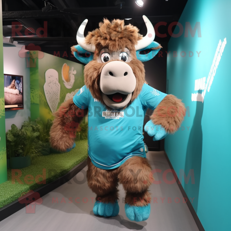 Teal Bison mascot costume character dressed with a Shorts and Hair clips Teal Bison mascot costume character dressed with a Shorts and Hair clips