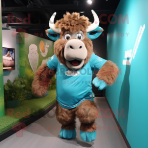 Teal Bison mascot costume character dressed with a Shorts and Hair clips