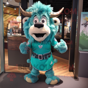 Teal Bison mascot costume character dressed with a Shorts and Hair clips
