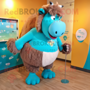 Teal Bison mascot costume character dressed with a Shorts and Hair clips