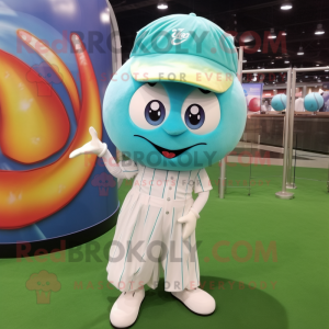 Turquoise Baseball Ball mascot costume character dressed with a Ball Gown and Hairpins