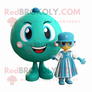 Turquoise Baseball Ball mascot costume character dressed with a Ball Gown and Hairpins
