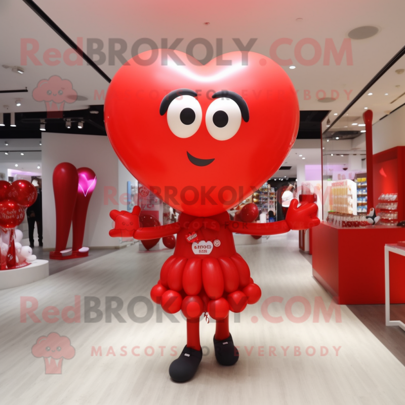 Red Heart Shaped Balloons mascot costume character dressed with a Mini Dress and Bracelets Red Heart Shaped Balloons mascot costume character dressed with a Mini Dress and Bracelets