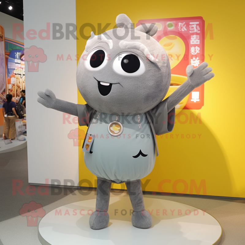 Gray Miso Soup mascot costume character dressed with a Romper and Necklaces