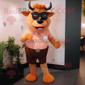 Peach Minotaur mascot costume character dressed with a Trousers and Eyeglasses