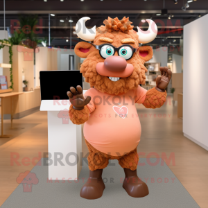 Peach Minotaur mascot costume character dressed with a Trousers and Eyeglasses