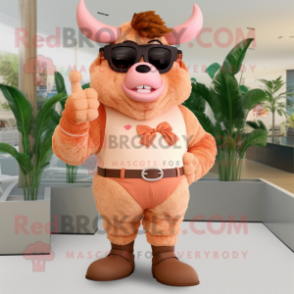 Peach Minotaur mascot costume character dressed with a Trousers and Eyeglasses