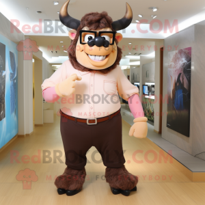 Peach Minotaur mascot costume character dressed with a Trousers and Eyeglasses