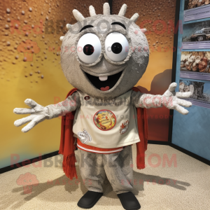 Silver Paella mascot costume character dressed with a Corduroy Pants and Necklaces