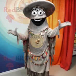 Silver Paella mascot costume character dressed with a Corduroy Pants and Necklaces