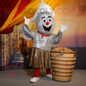 Silver Paella mascot costume character dressed with a Corduroy Pants and Necklaces